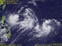 Typhoon Wallpaper Image : Typhoon 201411 (HALONG) : 後から発生して先に台風となったマリアナ諸島の台風201411号（右）と、渦巻きは大きいが中心にまとまらないフィリピン東方の熱帯低気圧（左）（12時JST）